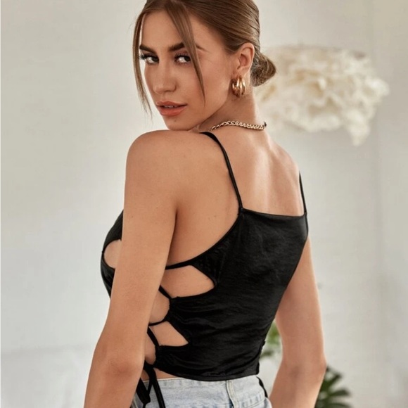 Satin Draped Front Lace Up Side Cami Top S - Picture 2 of 6